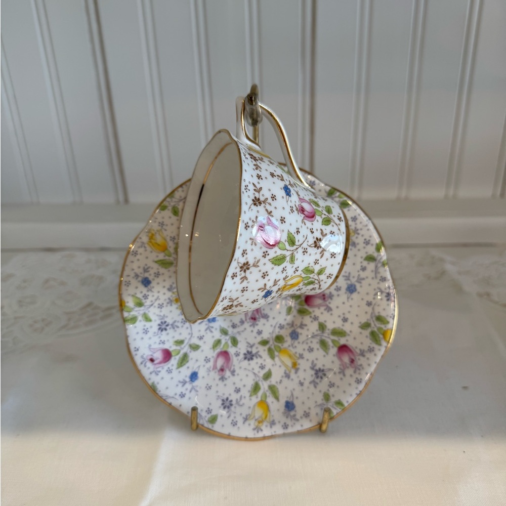 Rosina Bone China “June” #4974A Floral & Gold Tea Cup & Saucer Made In England